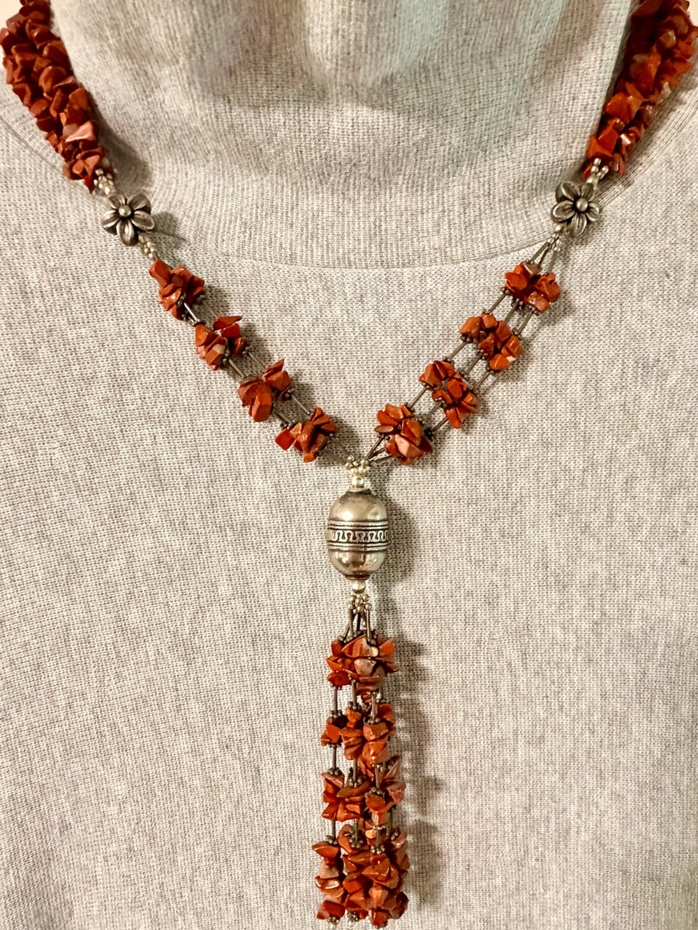 Artisan Orange Chip Bead Silver Tone Tassel Statement Necklace